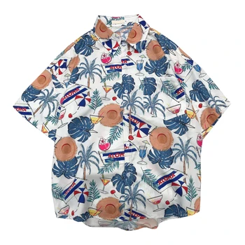 

Hawaiian Shirt Summer Fashion Men Print Polyester Shirt Short Sleeve Button Casual Beach Blouse Tops for Couple