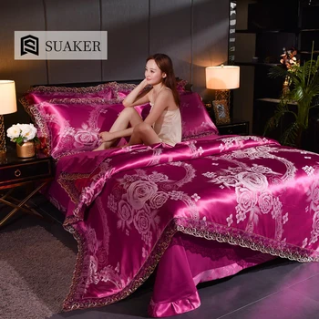 

Suaker Women Jacquard Tribute Silk Bedding Set Lace European Comforter Duvet Cover Sets Bed Sheet Pillowcase Queen King Bed Set