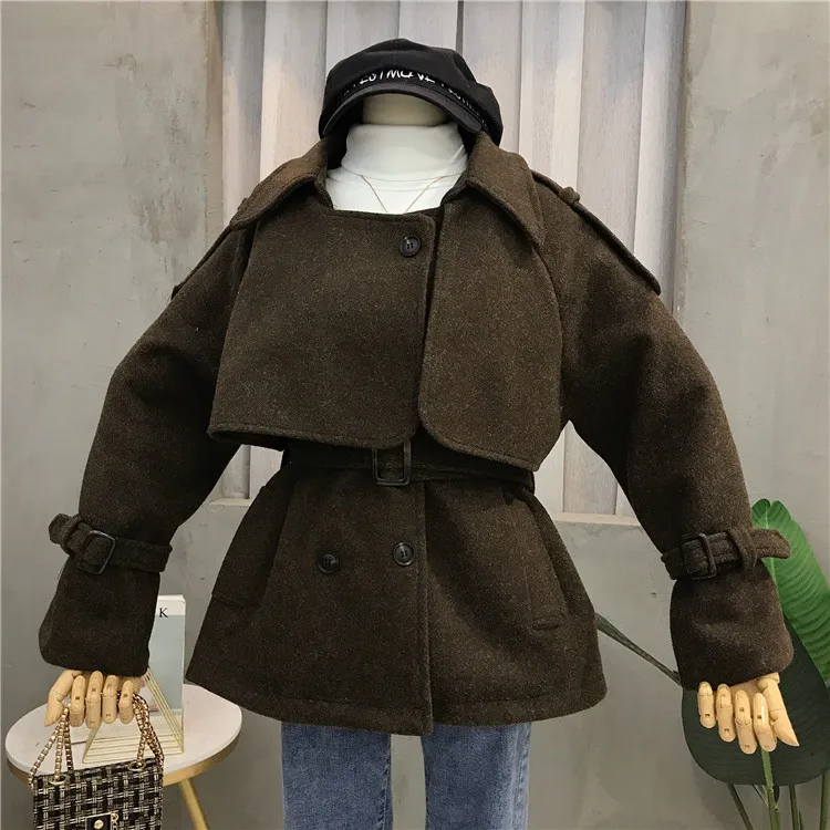Autumn Winter New Woolen Coat Women's Loose Waistband Tweed Jacket Ladies Wool Blend Overcoat Outwear Student Windbreaker