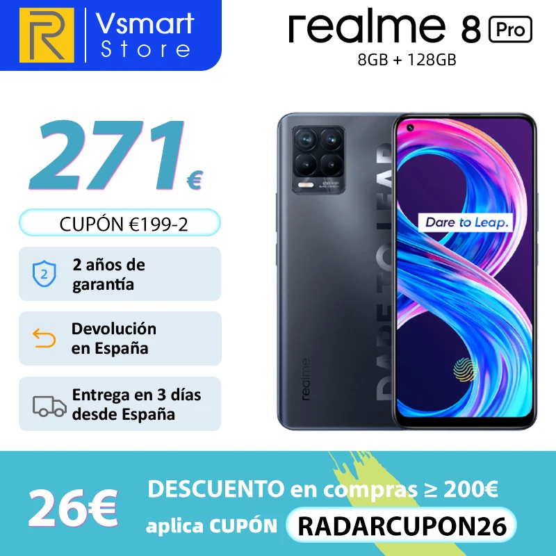realme 8 Pro, Versión global, 8GB 128GB, Teléfono inteligente, Cámara Ultra Quad de 108MP, Pantalla completa Super AMOLED de 6,4 pulgadas, Carga de 50W SuperDart, código:RADARCUPON26 (200€-26€)v