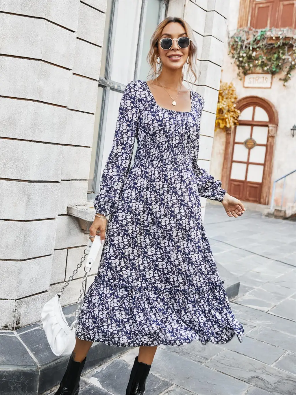 Chifirena Elegant Party Mid-Length Vintage Autumn Dress Women Square Collar Floral Print Ruffles Casual Dresses Minie Vestidos