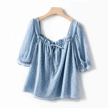 

Blue Print Women puff Sleeve Blouse 2020 Spring Summer lace-up Square Collar lady Sweet Casual Shirt and top