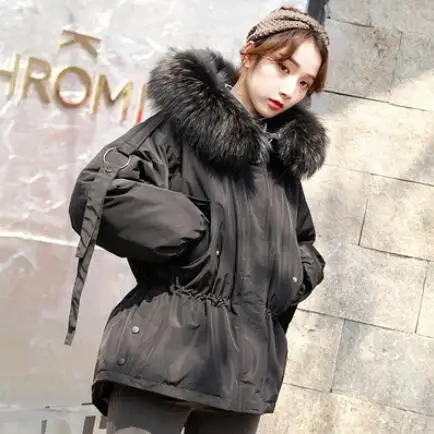 Зимняя женская куртка с капюшоном, натуральный мех енота, воротник, пуховик, однотонный, большой размер, Женское пальто, 90% белый пуховик на утином пуху - Цвет: black