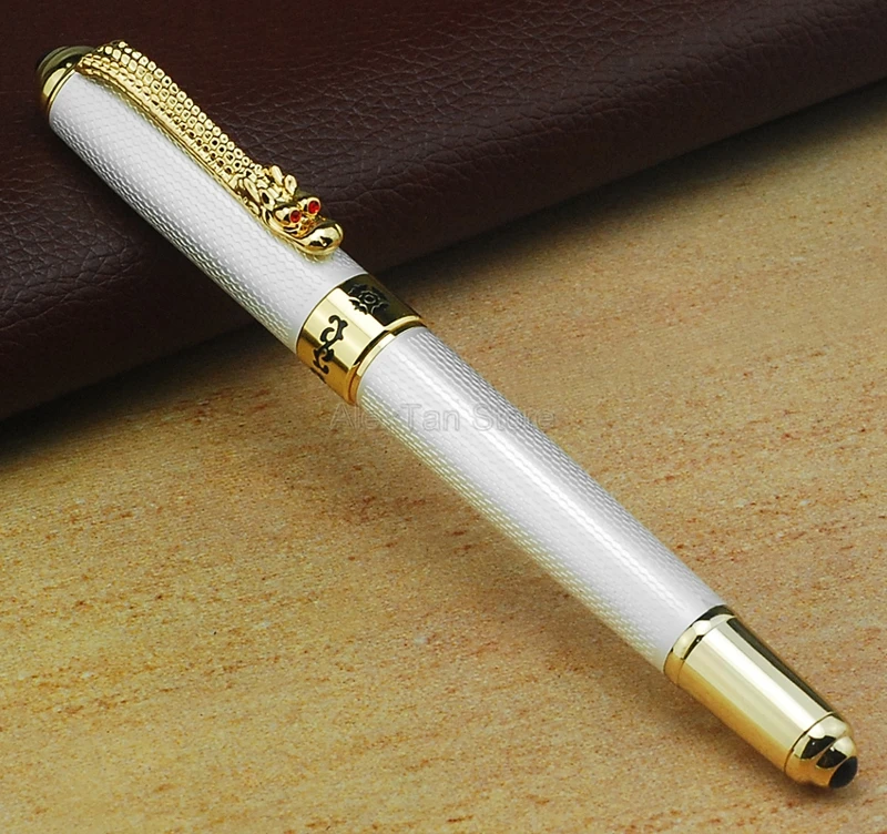 Jinhao Great Fountain Pen Classic Style Dragon Clip, Medium Nib White Writing Signature Pen Business Office Supplies