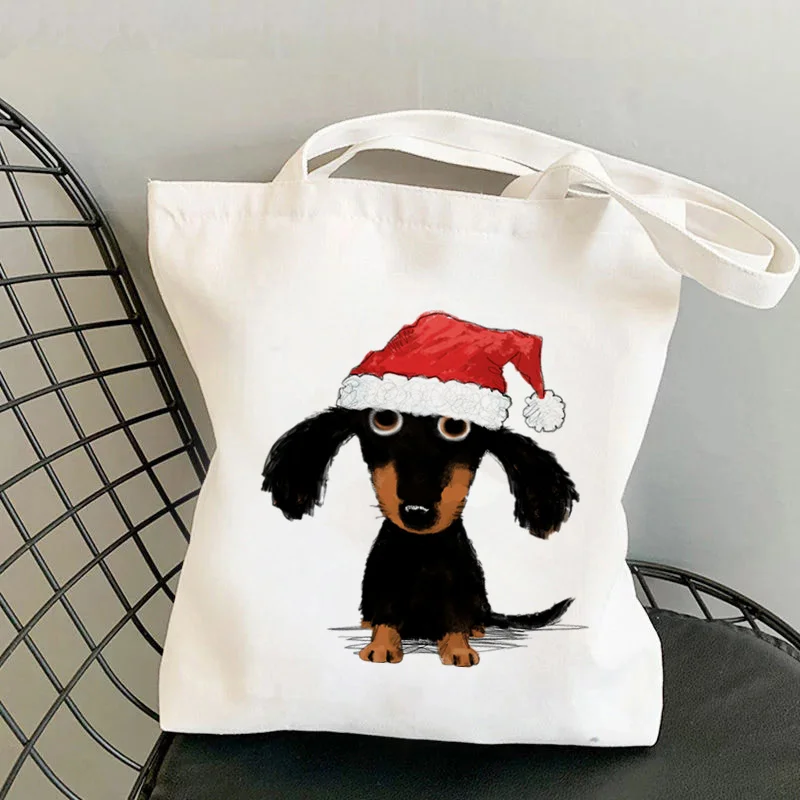 

Shopper Doxie Clause Santa Dachshund Kawaii Bag Harajuku women Shopping Bag Canvas girl handbag Tote Bag Shoulder Lady Bag