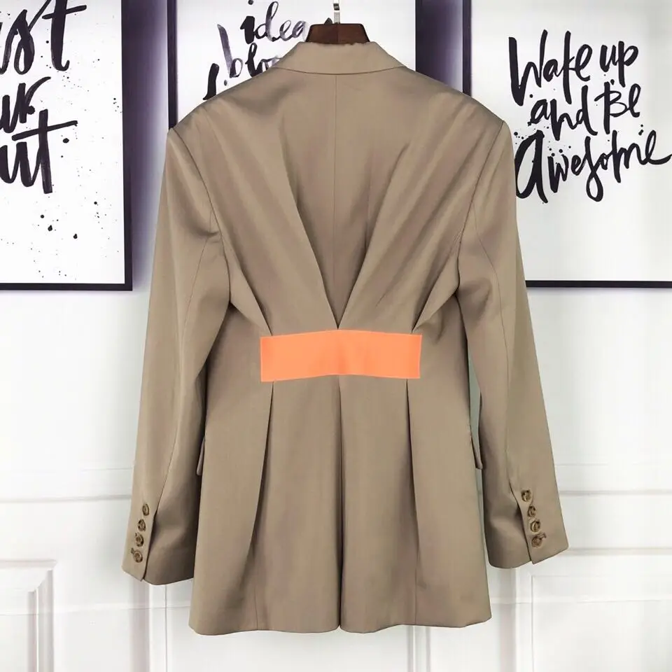 

Women High Quality Blazer Coat Black Color Contrast Tape Waist Design Silhouette Long Suit Jackets
