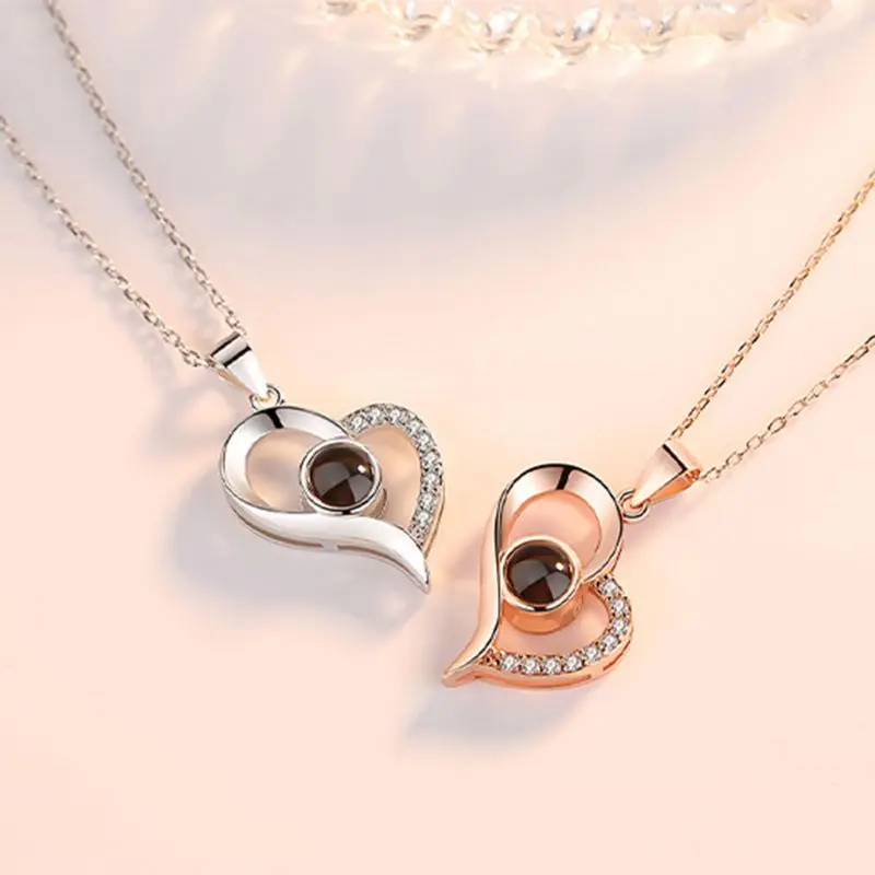 

Heart Shaped Clavicle Chain Silver Rose Gold 100 Languages Light I Love You Projection Pendant Necklace