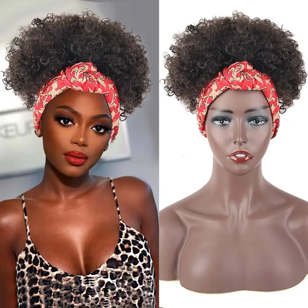 

Drawstring High Puff Turban Ponytail Synthetic Short Afro Kinky Curly Ponytail Headwrap Afro Curly Ponytail 2 in 1 Headband Wig