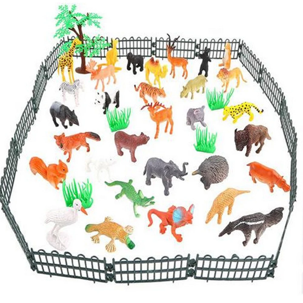 53 шт./компл. детские игрушки дивотных, Пластик PVC Моделя с хорошим спросом и моделирование диких животных зоопарк база деревья заборы игрушки для детей, подарок на Рождество