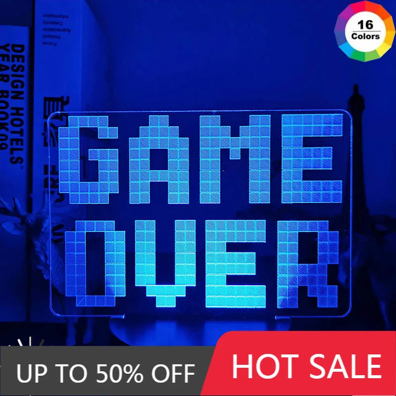

Ночник Gameover 3D для игровой комнаты, настольное освещение для настройки, декор для настольной игровой консоли, значок с датчиком логотипа светильник для детей, подарок