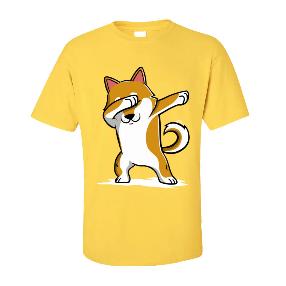 Funny Shiba Inu Dabbing Tops Tees Discount Crew Neck Normal Short Sleeve Cotton Men's T-Shirt Casual T Shirt Wholesale Funny Shiba Inu Dabbing-201 yellow