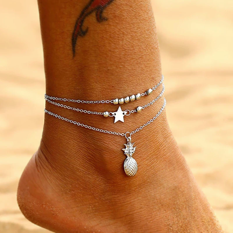 3 Pcs Boho Multilayer Star Pineapple Beads Chain Pendant Anklet Sets for Womens 3 Pcs Boho Multilayer Star Pineapple Beads Chain Pendant Anklet Sets for Womens