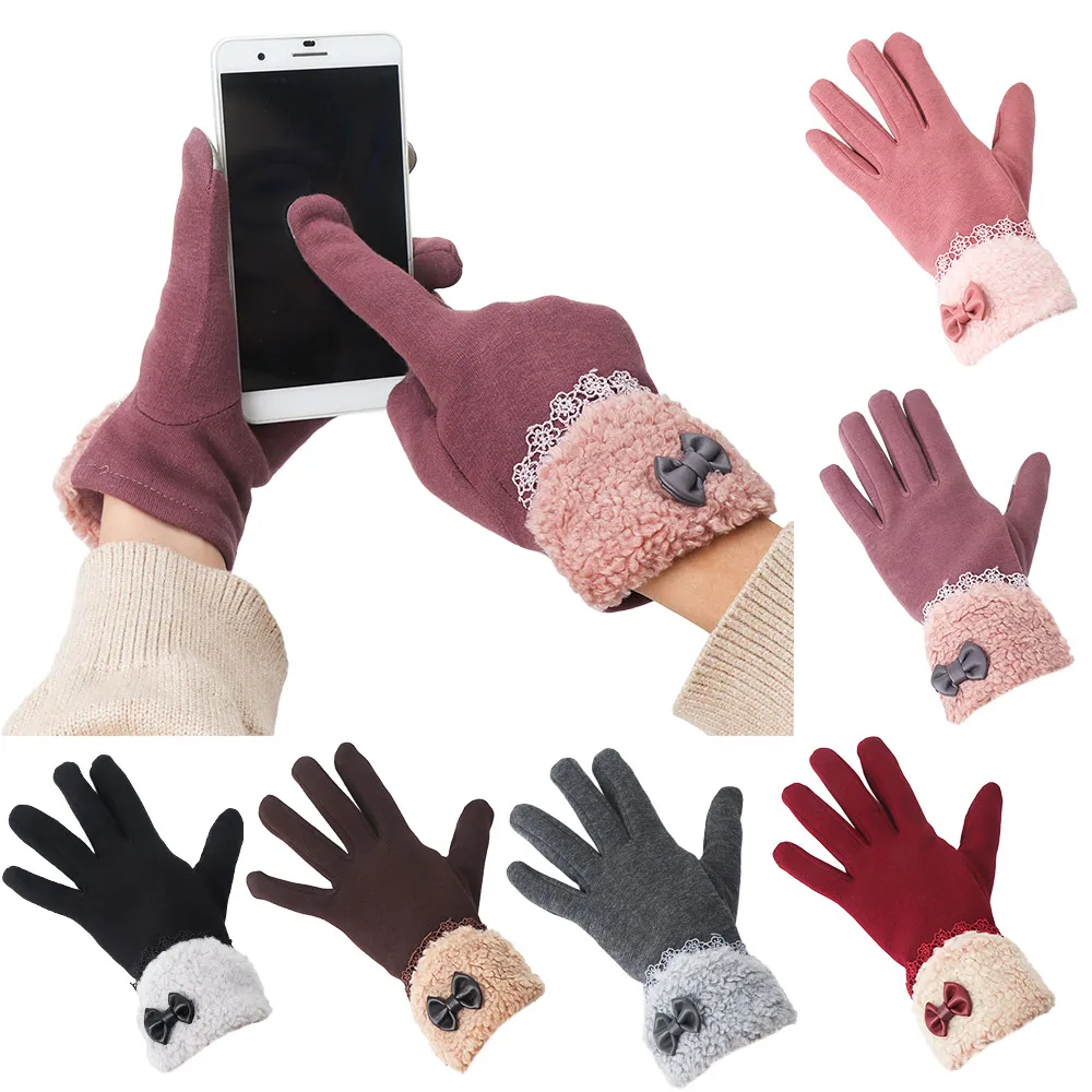 Fashion Women Touch Screen Gloves Bowknot Lace Winter Warm Driving Gloves Mittens