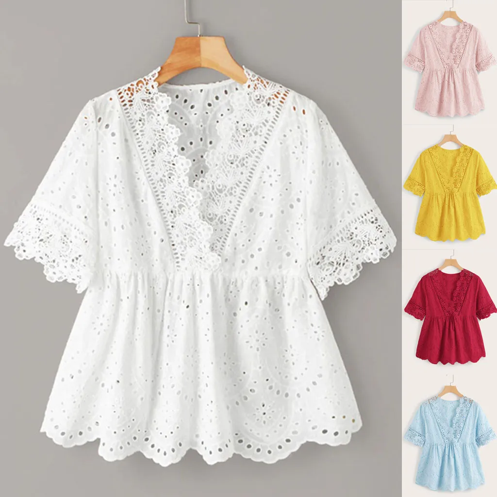 Women Short Sleeve Floral Europe and America Lace Hollow Out Shirt Tops Lady Casual Blouse Mesh embroidered lace panel shirt | Женская