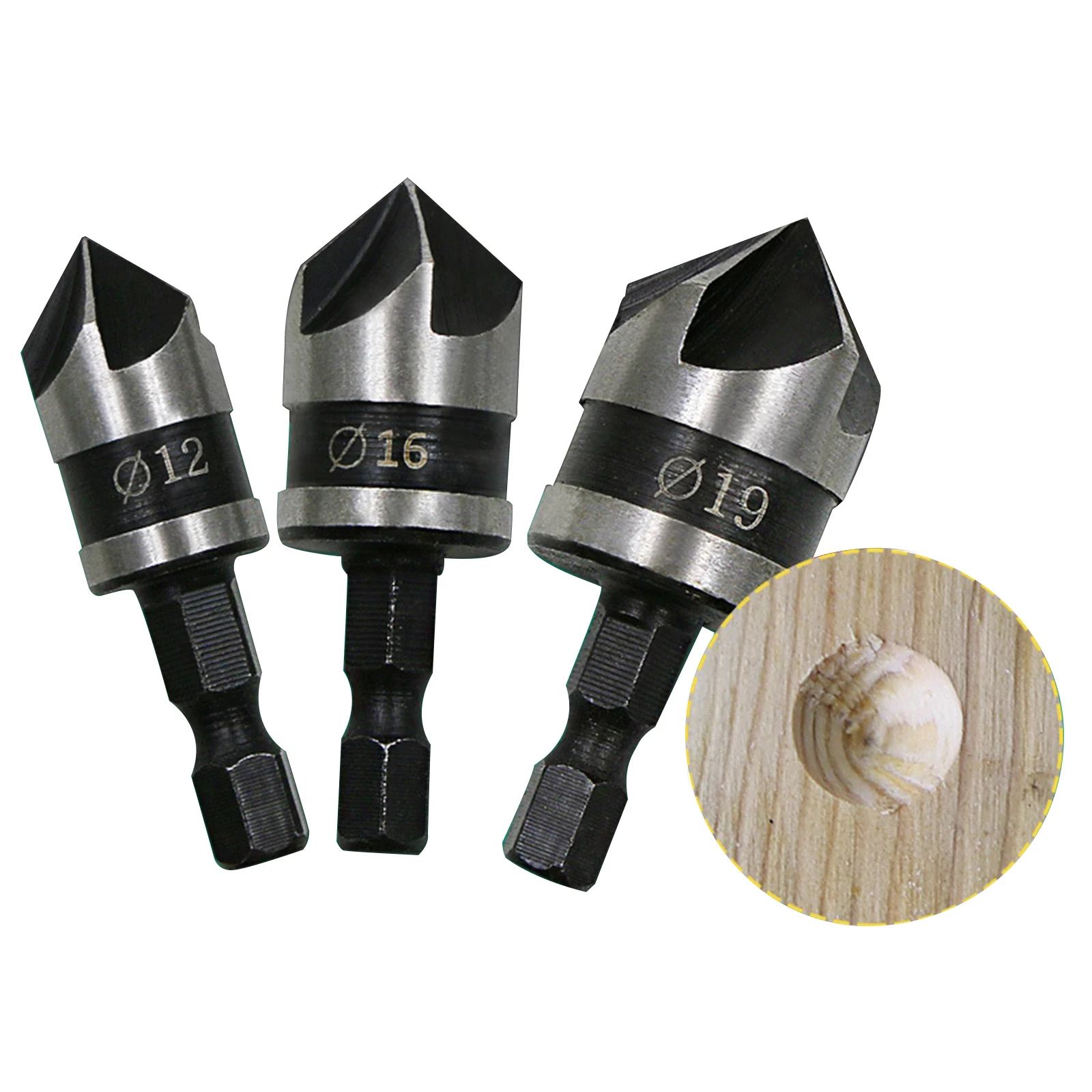 Three-piece Set 12mm/16mm/19mm 90 Degree Hexagonal Handle Five-blade Chamfering Tool Wood Plastic Aluminum Plate Hole Opener | Инструменты