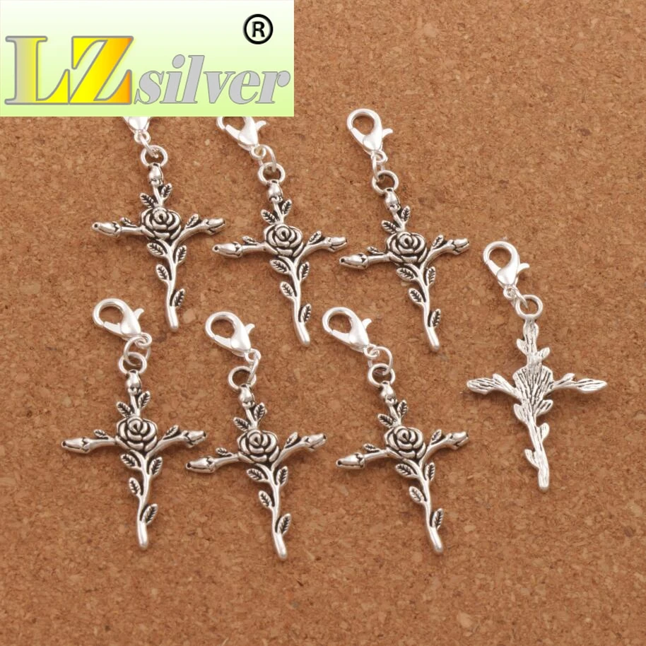 80pcs Zinc Alloy Vintage Rose Flower Cross Clasp European Lobster Trigger Clip On Charm Beads C440 23.7x48.5mm