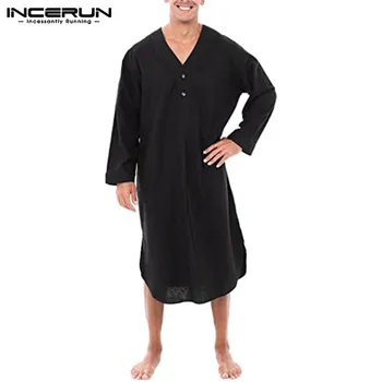

Men Leisure Sleep Tops Casual Long Sleeve V Neck Nightwear Robes Solid Color Nightgrown Loose Pockets Bathrobe INCERUN Plus Size