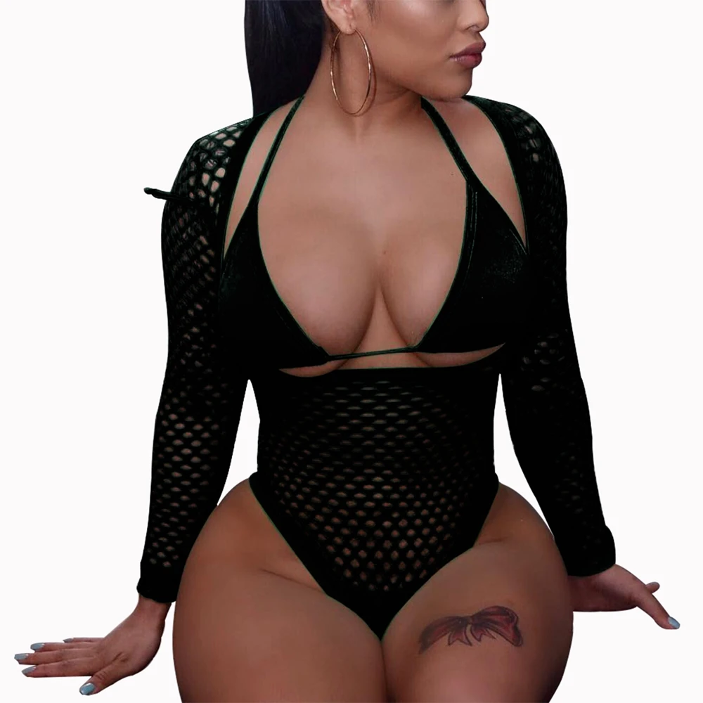 

Solid Mesh One Piece Swimsuit Thong Long Sleeve Swimwear Hollow Out Monokini High Leg Cut Bathing Suit Sexy Micro Swimsuit 2019