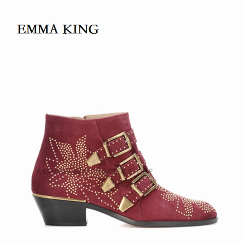 Burgundy Suede Шикарные кожаные ботильоны Susanna с шипами; Ботинки martin с круглым носком, заклепками и цветами; женские роскошные бархатные ботинки; женская обувь; zapatos mujer - Цвет: Burgundy Suede