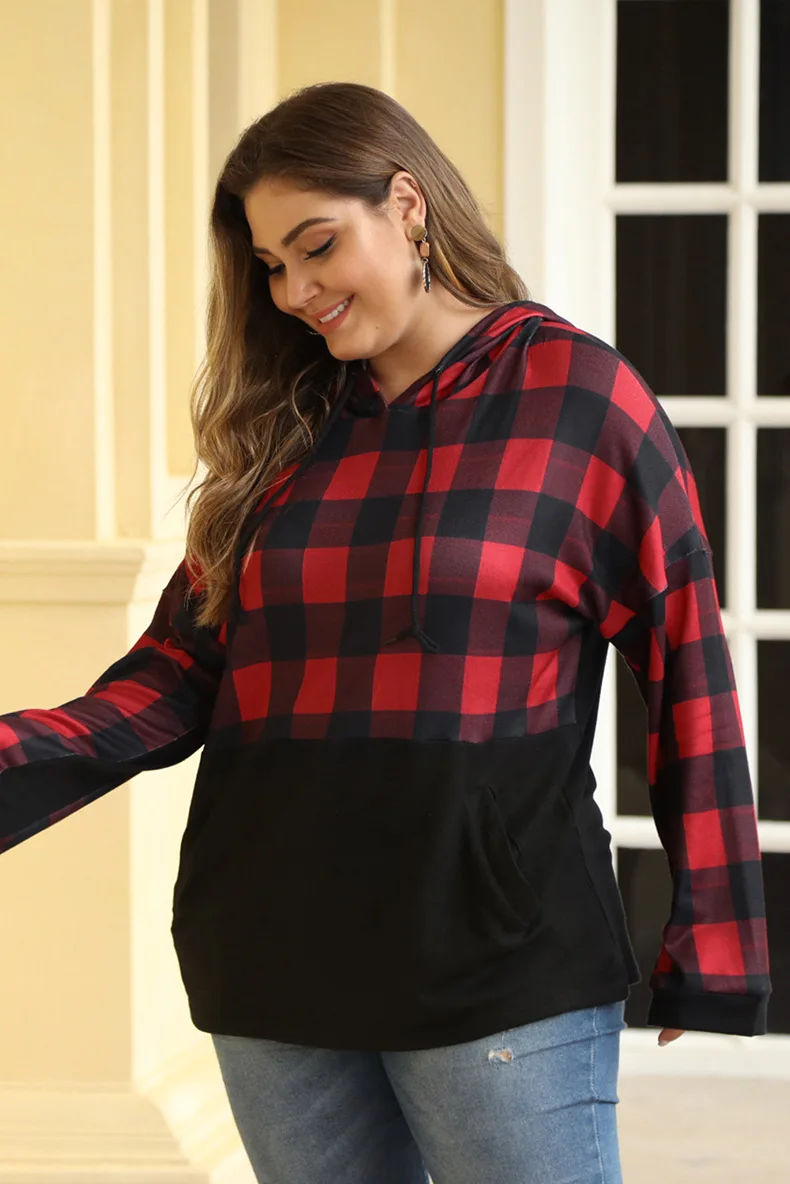 New Autumn and Winter Hat Cover Lattice Colour Coloured Splicing Sanitary Clothes Women's Loose and Plus Size Topcoat