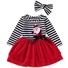 Рождественские платья для девочек комплект из 2 предметов, вечерние платья в полоску с принтом и повязка на голову, милые рождественские детские платья с Сантой для девочек, vestidos, D30