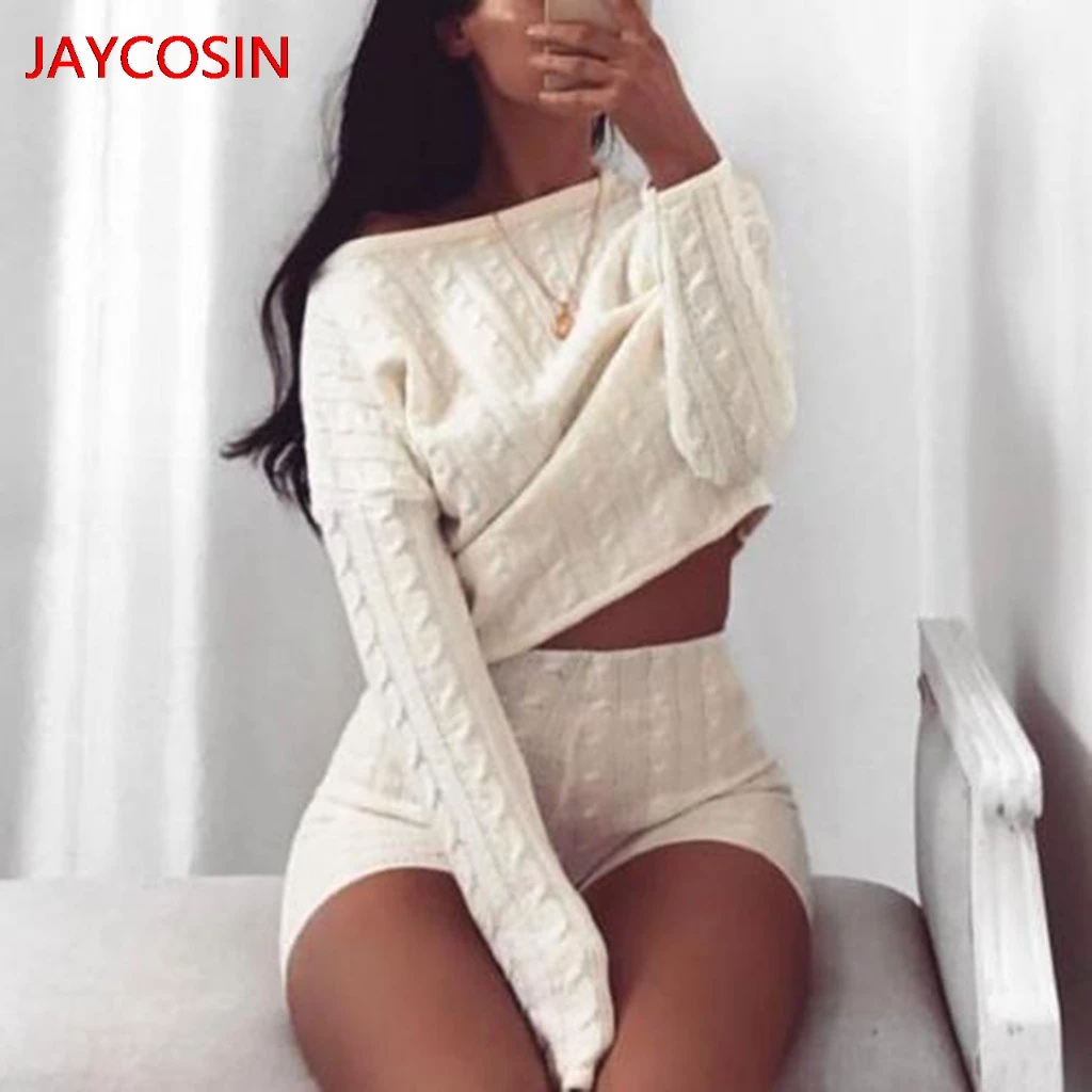 

JAYCOSIN Sweater 2019 2PC Women Ladies Solid Off Shoulder Knitted Warm Loungewear Short Crop Suit Set L300807