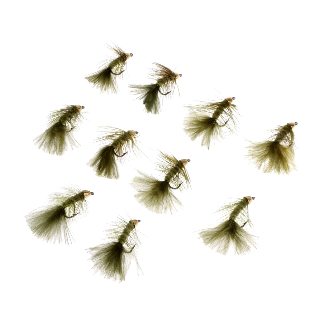 10pcs 1.8`` Olive Wooly Bugger Flies Bead Head Nymph Flies Insects Wet Flies with Artificial Feathers and Barbed Single Hook