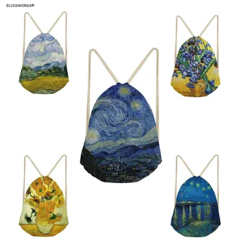 

ELVISWORDS Customized Starry Night Painting Van Gogh Drawstring Bags Traveling Beach Folding Bags Women Shopping Bags Gym Sack