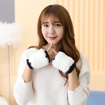 

Hot Female Warm Soft Faux Rabbit Fur Gloves Autumn Winter Female Cute Plush Thick Knit Cashmere Velvet Warm Fingerless Gloves