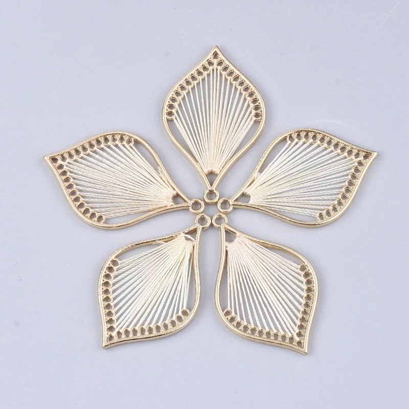 50Pcs Cotton Thread Woven Pendants with Alloy Findings Leaf Shape Earring Charms for Jewelry Making Accessories 43x26.5x2mm