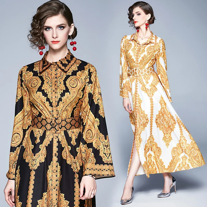 

Photo Shoot Australia Rich Lady 2019 WOMEN'S Dress Retro Loose-Fit Printed Long Sleeve Big Hemline Dress