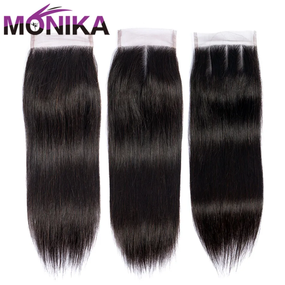 Tanie Monika wsuwki do włosów peruwiański prosto zamknięcie ludzkie włosy 4x4 szwajcarskie zamknięcie koronki 1 sztuka nie Remy włosy darmowa wysyłka