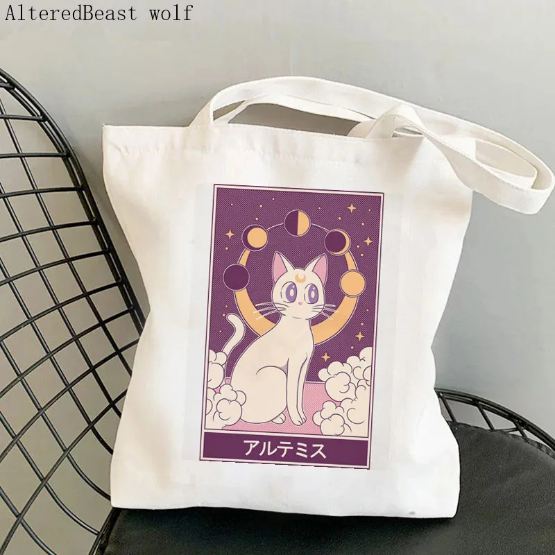 Women Shopper bag Ace of Cups cat Tarot Kawaii Bag Harajuku Shopping Canvas Shopper Bag girl handbag Tote Shoulder Lady Bag