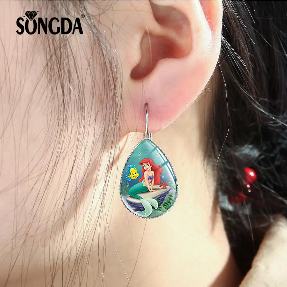 SONGDA милые Мультяшные сережки в виде Русалочки Ариэль Стеклянные Кабошоны