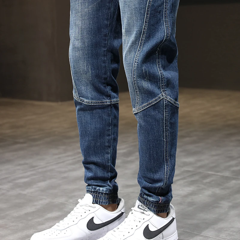 Jeans Men Jogger Pants Elastic Waist Harem Pants Blue Relaxed Tapered Fit Fashion Casual Jeans Male