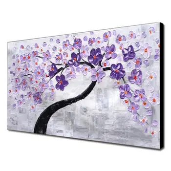 

Hand Painted Purple Flower Tree White Background Modern Texture Knife Oil Painting Wall Art Large On Canvas Decor Restaurant