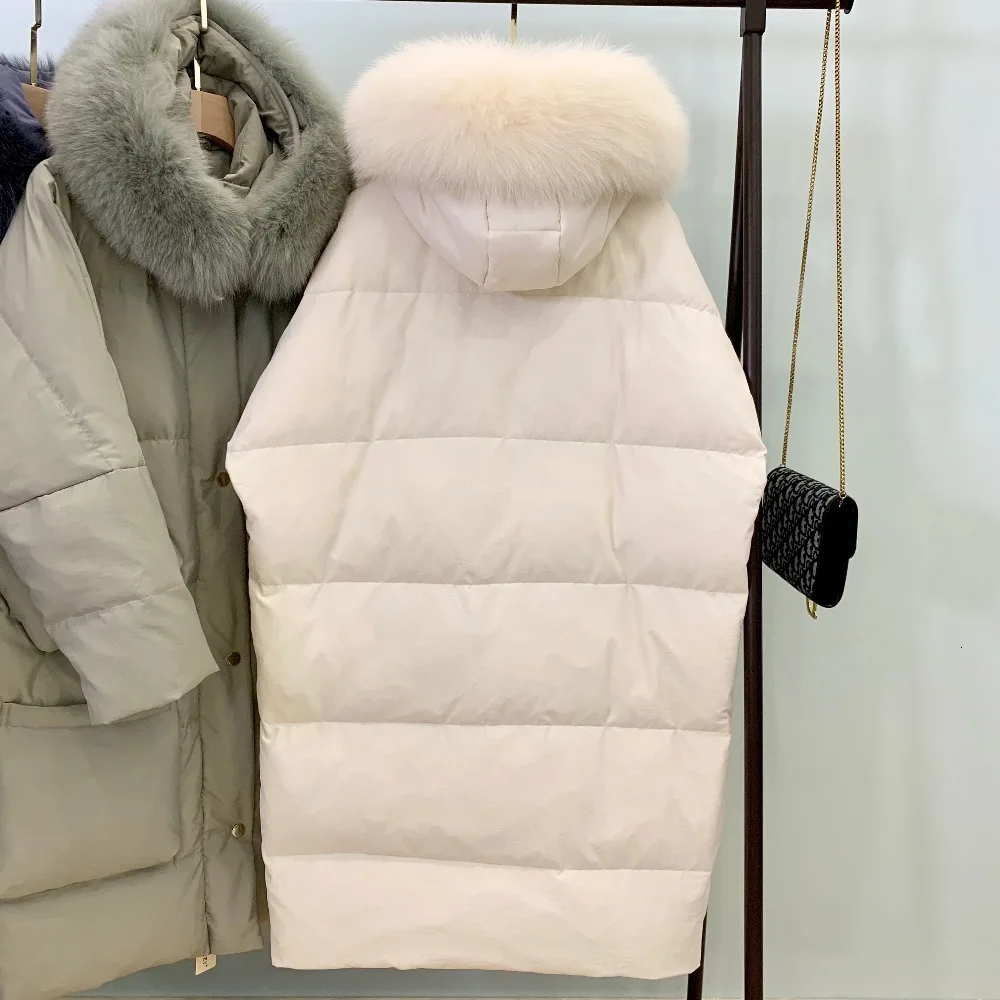 Thick Hooded Loose Warm Real Natural Fox Fur Collar Down Parka Winter Women Coat Long White Duck Down Jacket Female L080