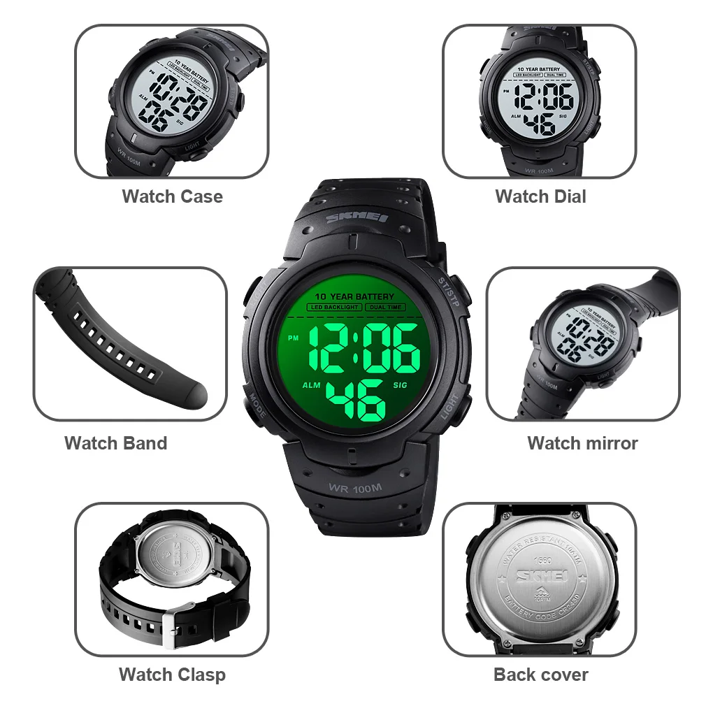 SKMEI Digital Watches Men's Fashion Original Sport Outdoor Week Display Date 12/24H 100m Waterproof WristWatches Reloj Hombre