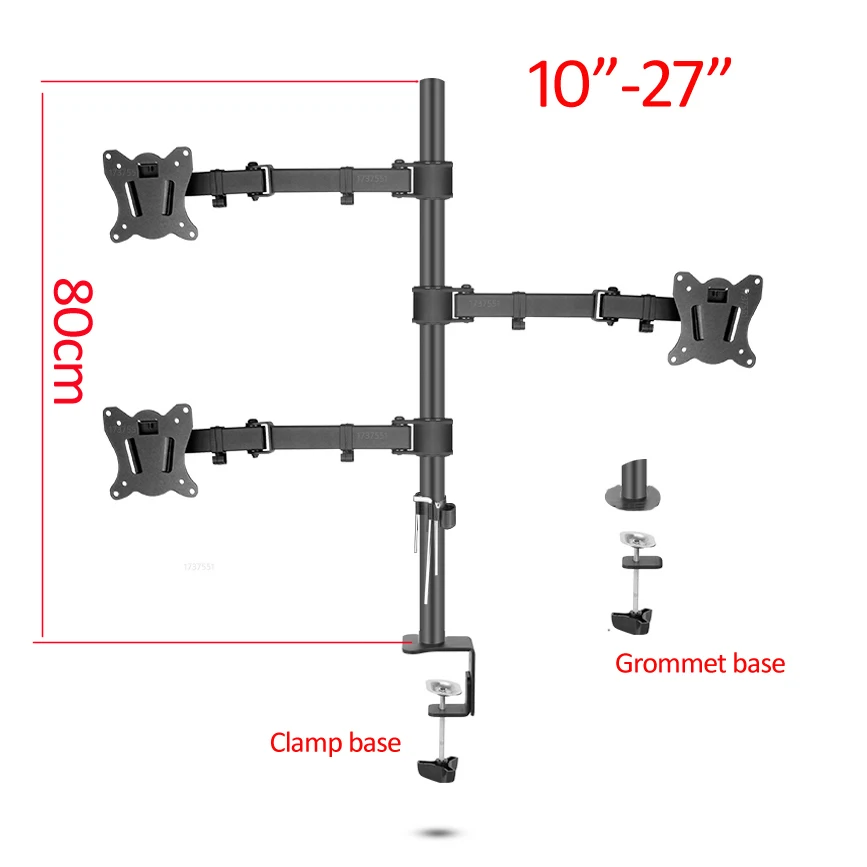 (80cm) DL-T902-380II Full Motion three Monitor desktop stand Holder 10"-27" clamp grommet hole base PC Mount foldable Arm 12kg |