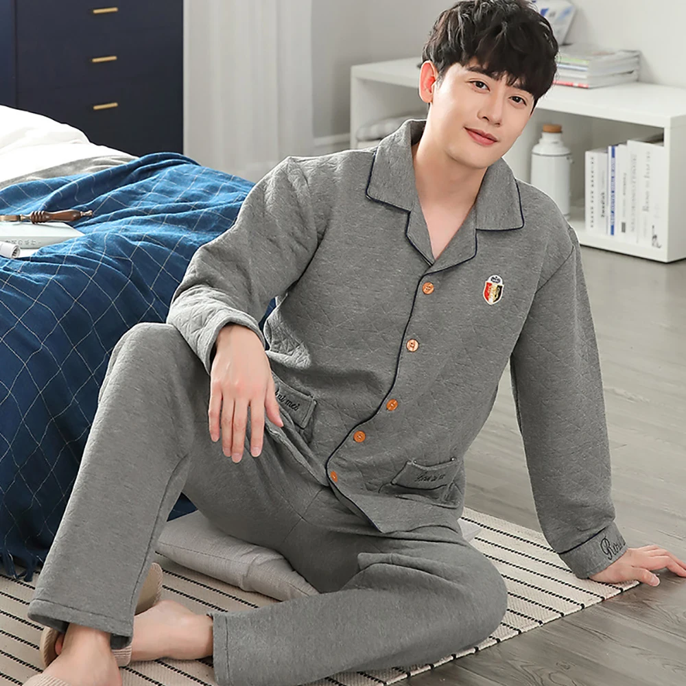 Winter Men Pajama Sets Thick Interlayer Cotton High Quality Male