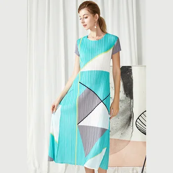 

LANMREM pleated color block patchwork printed loose stretch short-sleeved pleated dresses famale Mid-length 2020 Summer newYJ501