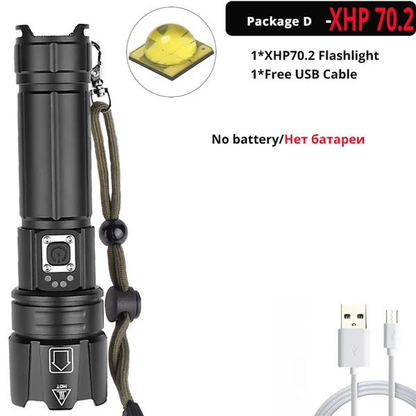 Package E-XHP70.2 Новейший XLamp самый мощный светодиодный светильник-вспышка, фонарь с зумом XHP70, заряжаемый через USB, тактический светильник 18650 26650 XHP50, Охотничья лампа - Испускаемый цвет: Package E-XHP70.2