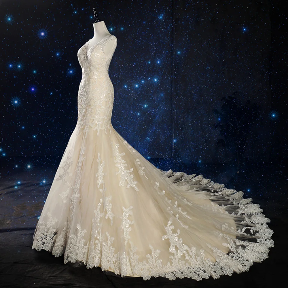 Выполненное на заказ свадебное платье "Русалка" Элегантное Vestido De Noiva Sereia с v-образным вырезом на молнии бисером блестками кружевное Тюлевое платье в виде раструба