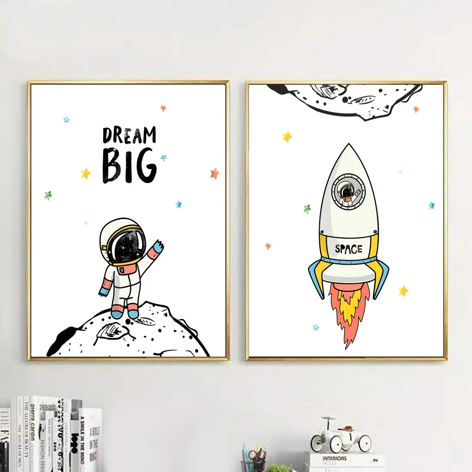 

Nordic Posters Cartoon Astronaut Rocket Planet Space Wall Art Canvas Painting Boys Prints Wall Pictures for Kids Room Decor
