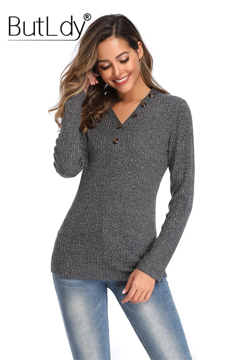 

Button V-neck Grey Sweater Women Solid Color Slim Pullovers Autumn Winter 2019 New Style Long Sleeve Sweater for Women