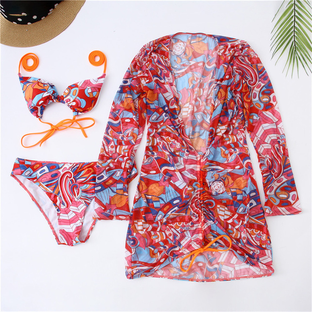 3 Piece Mesh Skirt Bikini Women Floral Print Long Sleeve Cover Up Beach Swimsuit Summer Bathing Suit High Waist Swimwear