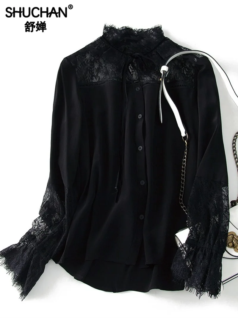 

Shuchan Natural Silk Womens Tops and Blouses Patchwork Lace Women Long Sleeve Shirts Stand Neck Office Lady Womens Clothing