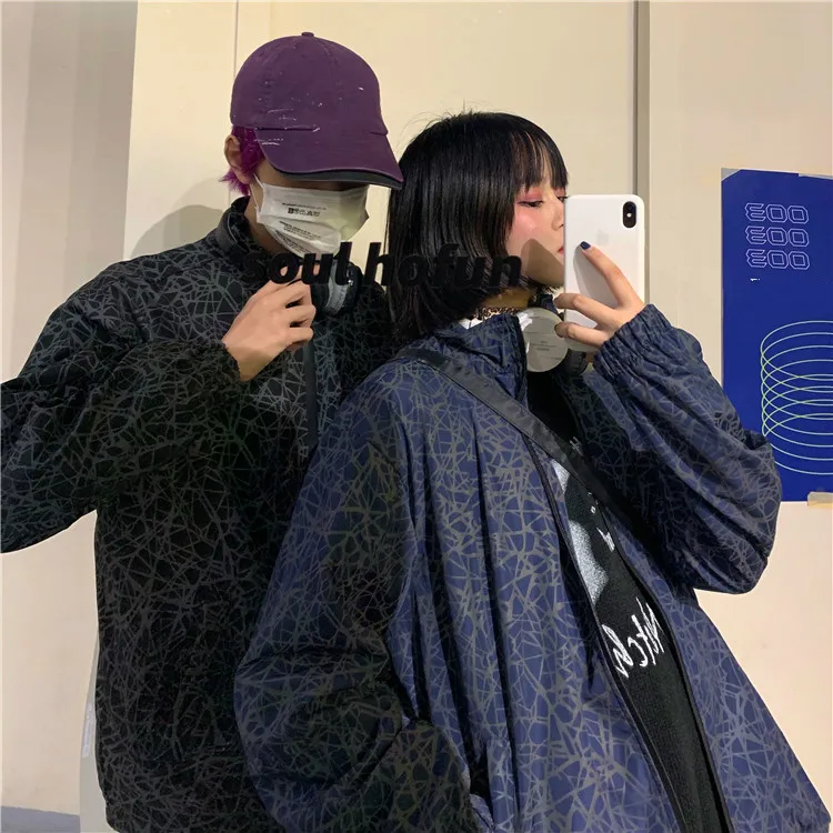 Neploe Harajuku, светоотражающая куртка-бомбер с принтом, для женщин и мужчин, на молнии, повседневное пальто,, длинный рукав, стоячий ворот, Двусторонняя одежда, 55769