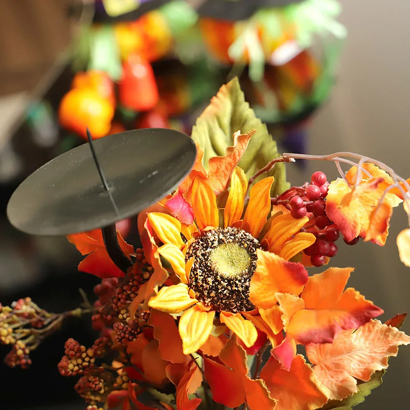 

1PC Simulation Maple Leaf Sunflower Candlestick Party Home Decoration Rotating Wrought Iron Table Candlestick