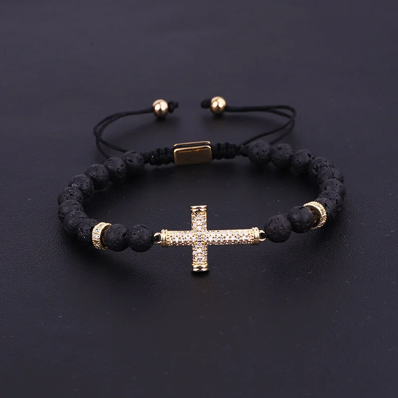 Fashion New Design Women Bracelet CZ Pave Cross Charm Natural Stone Braided Beads Bracelet Women Lady - Image 5